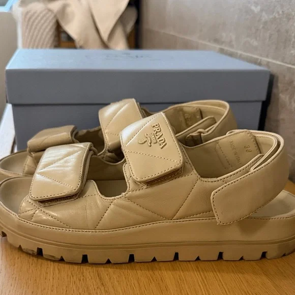 Prada PADDED LEATHER SANDALS / Nappa Double Strap Tan Sandals / IT 38 Camel - Picture 6 of 16